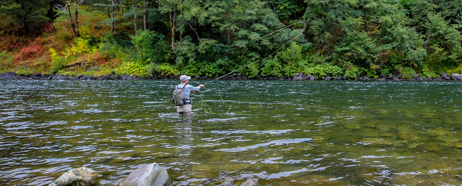 Pesca con mosca a lo largo de la orilla del río Connecticut