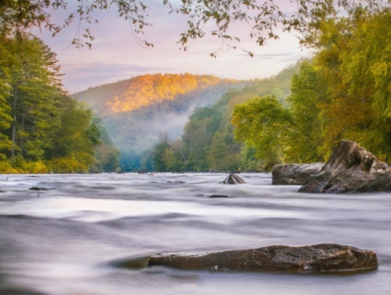 Vista del río con rocas, árboles y montañas al fondo (Instagram@janehaslamphotography_nature)