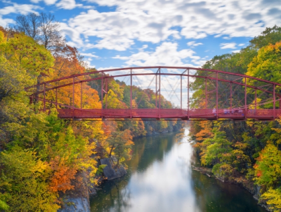 Una hermosa vista otoñal de un puente sobre un río (CTVisit)